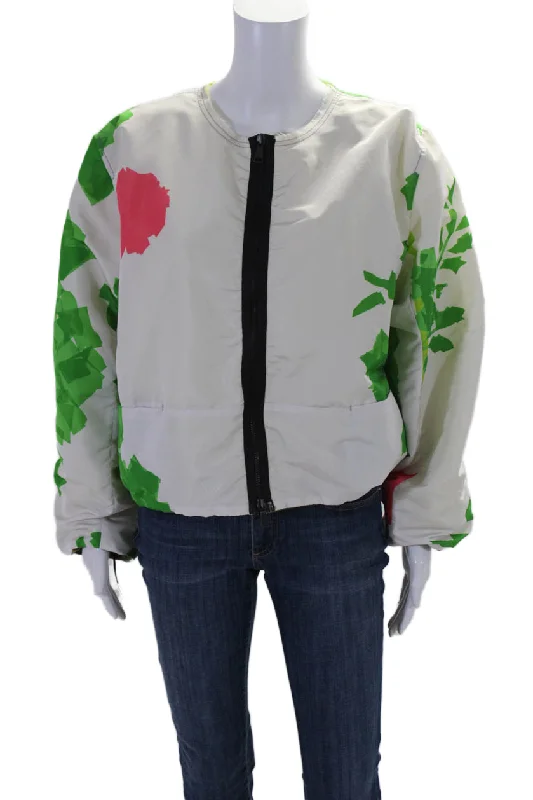 Women's Formal Event Outfit Rohka Womens Front Zip Abstract Cropped Summer Bomber Jacket White One