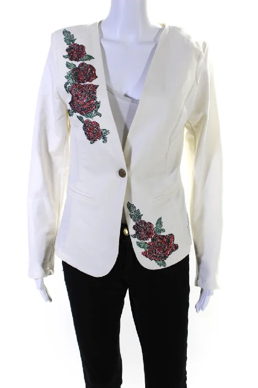 Plus-Size Women's Garments Elisabetta Franchi Womens Jeweled Floral Print Jacket White Cotton