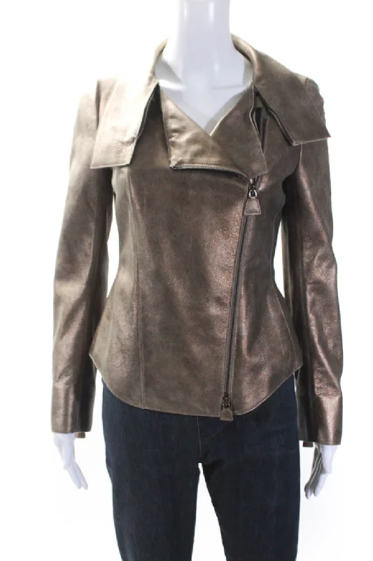 Affordable Women's Apparel Akris Womens Long Sleeve Front Zip Collared Metallic Leather Jacket Brown