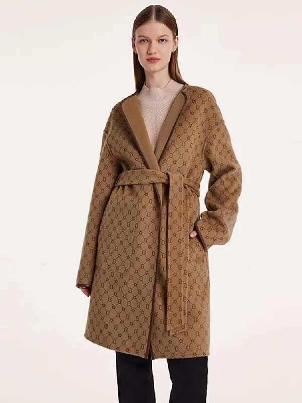 Stylish Outerwear Clothes For Women Pure Wool Reversible Printed Wrapped Coat With Belt