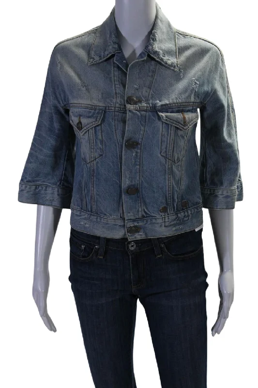 Charming Women's Outfit For Special Occasions R13 Womens Cotton Distressed 3/4 Sleeve Denim Jacket Blue