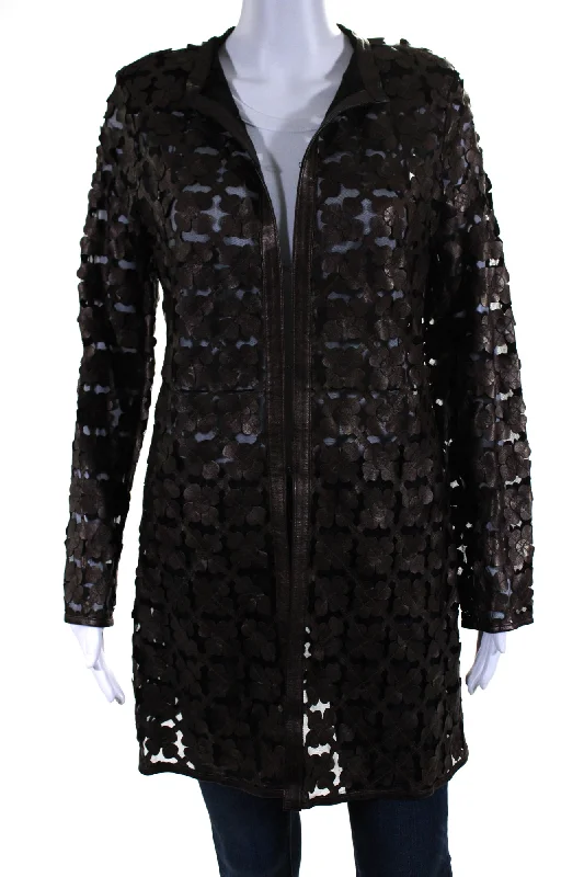 Comfortable Women's Clothing In Transit Womens Laser Cut Metallic Mesh Leather Jacket Dark Brown Black XL