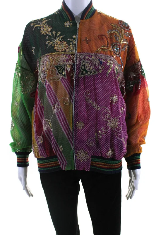 High-Quality Fashion At Discounted Prices – Shop Today Ashish Womens Salvaged Sari Patchwork Embroidered Bomber Jacket Multicolor XS