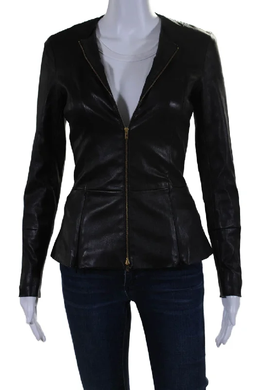 Stylish Clothes For Women The Row Womens Long Sleeve Front Zip Crew Neck Leather Jacket Black