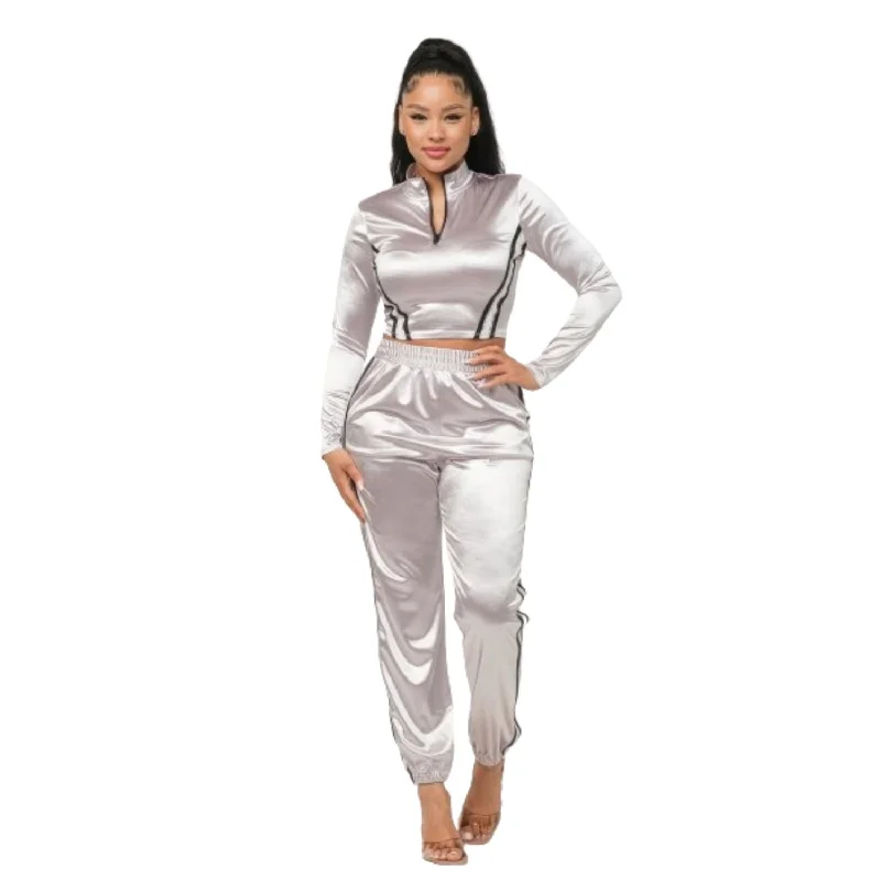 Women's Vacation Outfit Front Zip Up Stripes Detail Jacket And Pants Set