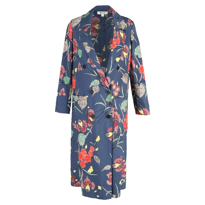 Women's Comfortable Apparel Diane Von Furstenberg Floral Print Double-Breasted Coat in Blue Polyester