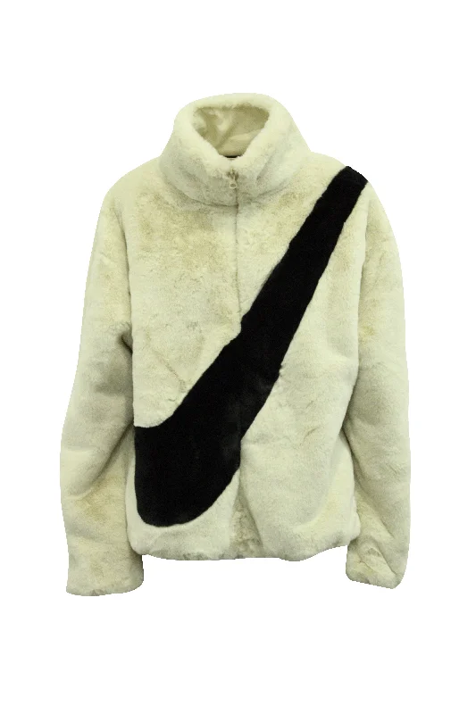 Trendy Athleisure Clothing For Women Nike Big Swoosh Jacket in Cream Faux Fur