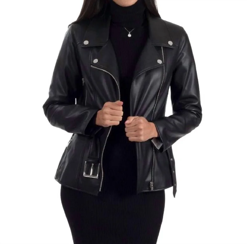 Women's Formal Clothes Faux Leather With Belt Biker Jacket In Black