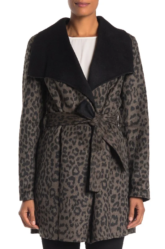 Women's Wedding Apparel T Tahari Ella Leopard Double Faced Wool Wrap Belted Coat