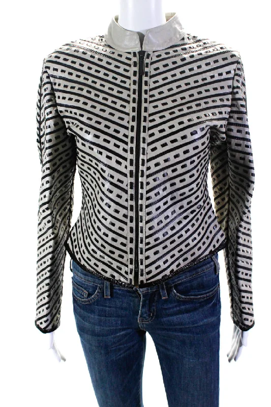 Fashion Sale Live Now – Upgrade Your Style For Less Natto Womens Woven Leather Stripe High Neck Full zip Jacket Gray Black Medium