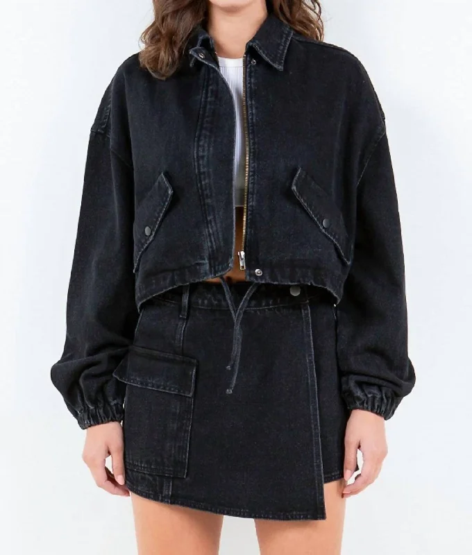 Women's Elegant Garments Cropped Denim Jacket With Drawstring Waist In Black