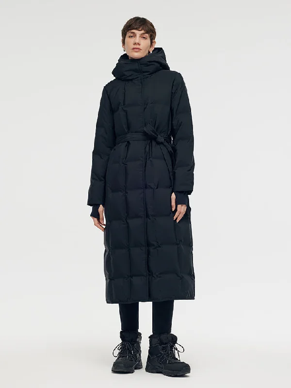 Women's Layered Outfit Hooded Long Goose Down Coat With Belt