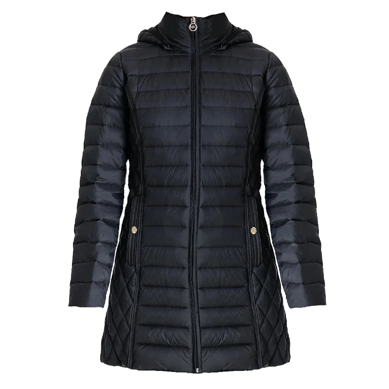 Classic Women's Apparel Michael Michael Kors Women's Black Hooded Down Packable Jacket Coat with Removable Hood 3/4 Length Long