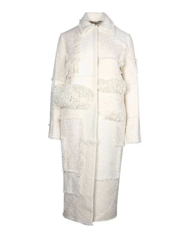 Women's Floral Print Outfit Nina Ricci Fringe Paneled Long Coat in Ecru Wool