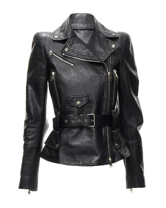 Formal Garments For Women new ALEXANDER MCQUEEN 2010 black leather belted peplum biker jacket