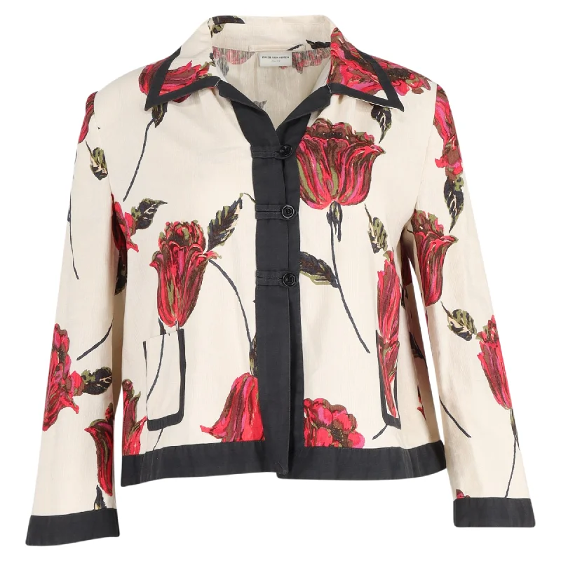 Casual Chic Women's Clothes Dries Van Noten Floral Short Jacket in White Linen