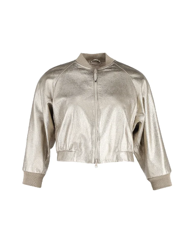 Big Savings On Modern And Classic Fashion Looks Brunello Cucinelli Cropped Bomber Jacket in Gold Leather