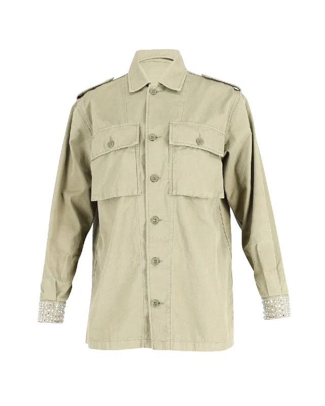 Women's Night-Out Outfit Saint Laurent Embellished Cuff Military Jacket in Light Khaki Cotton