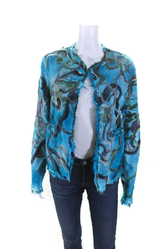 Sustainable Women's Clothes Avant Toi Womens Blue Printed Linen Open Front Long Sleeve Jacket