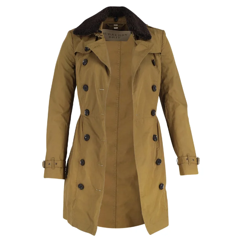 Women's Clothing For Outdoor Activities Burberry Brit Long Shearling Collar Trench Coat in Olive Cotton