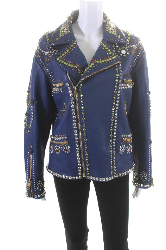 Women's Contemporary Apparel Gucci Womens Leather Crystal Embellished Zip Up Coat Jacket Navy