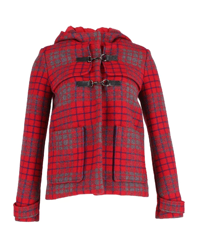 Women's Tops And Clothing Maje Hooded Checkered Coat in Red Wool