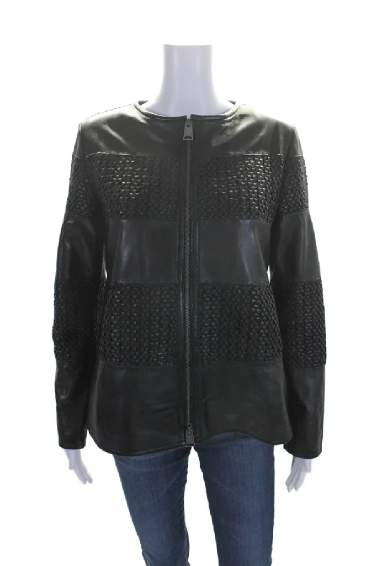 Women's Trendy Casual Clothes Natto Women's Round Neck Long Sleeves Full Zip Leather Jacket Black