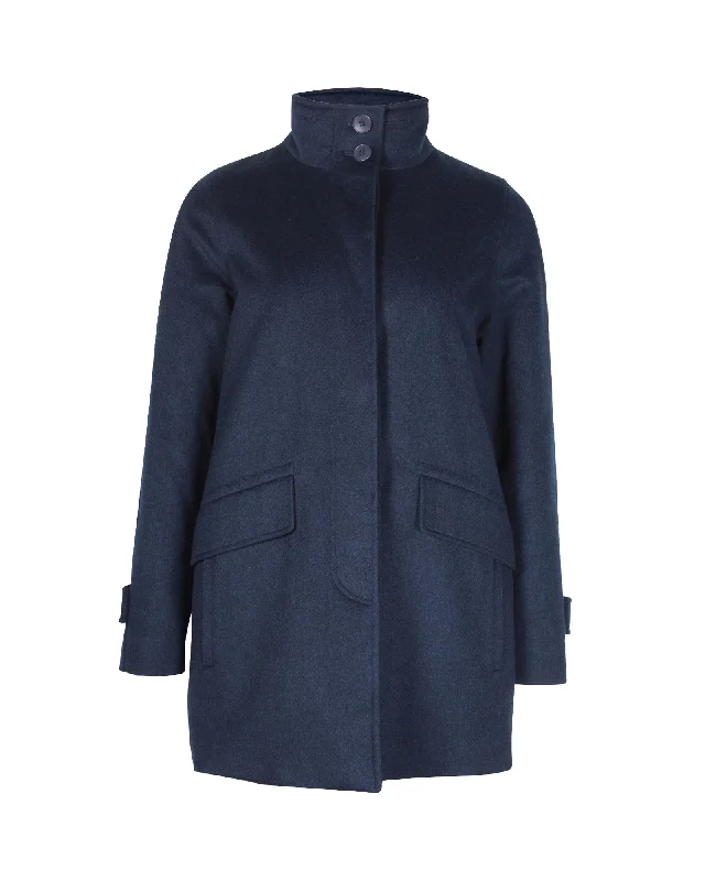 Stylish Outerwear Clothes For Women Loro Piana Funnel-Neck Over Coat in Blue Cashmere