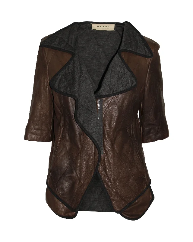 Plus-Size Women's Garments Marni Two-Tone Oversized Lapel Quilted Jacket in Brown Sheepskin Leather