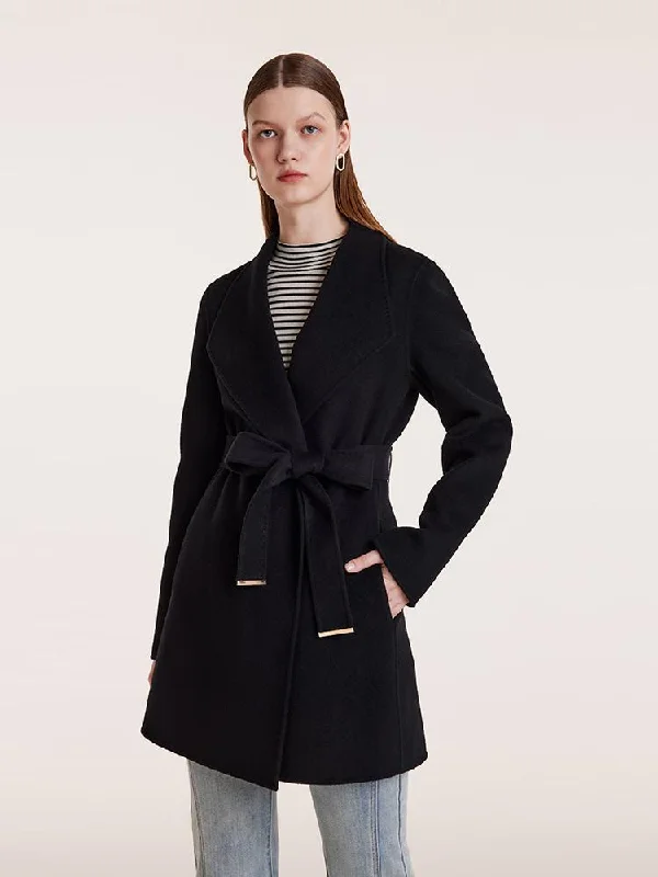 Trendy Athleisure Clothing For Women Tencel Wool Notched Lapel Mid-Length Coat With Belt