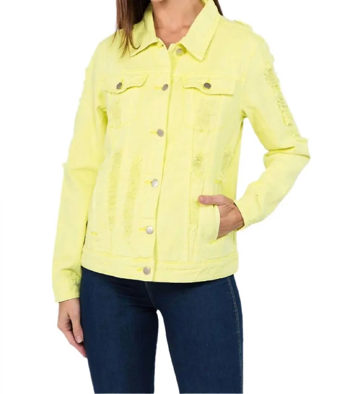 Women's Travel Garments Distressed Slim-Fit Denim Jacket In Lime/neon Yellow