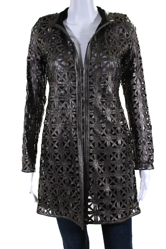 Women's Night-Out Outfit In Transit Womens Laser Cut Metallic Mesh Leather Jacket Brown Black