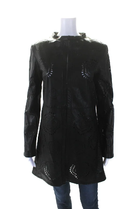 Women's Chic Apparel In Transit Womens Laser Cut Long Hook & Eye Leather Jacket Black