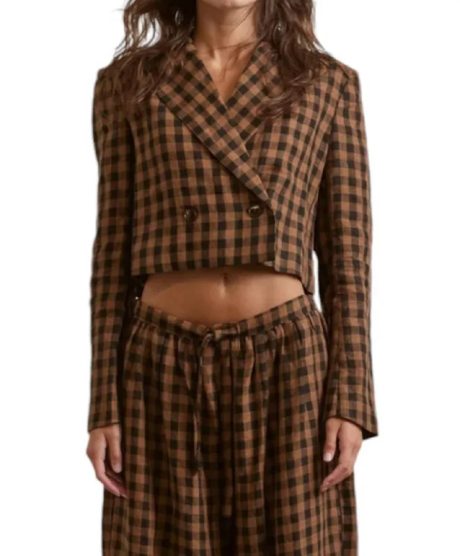 Women's Office Outfit Cropped Plaid Linen Jacket In Brown