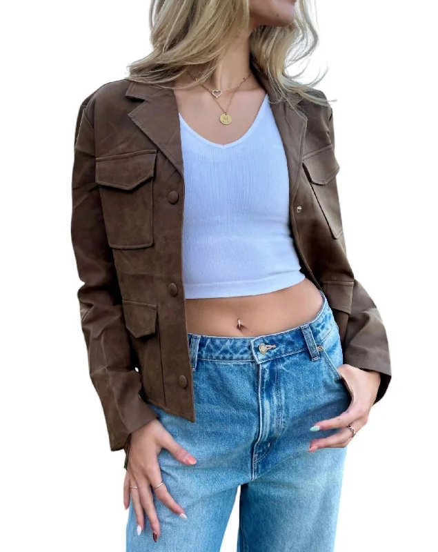 Women's Fashion Clothes Faux Leather Collar Neck Pocket Jacket In Brown