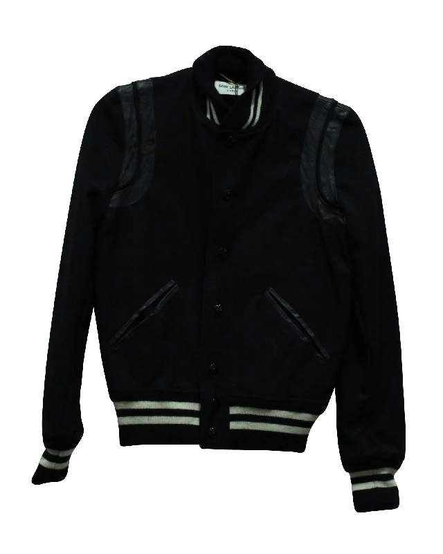 Women's Stylish Casual Garments Saint Laurent Teddy Leather Trimmed Bomber Jacket in Black Wool