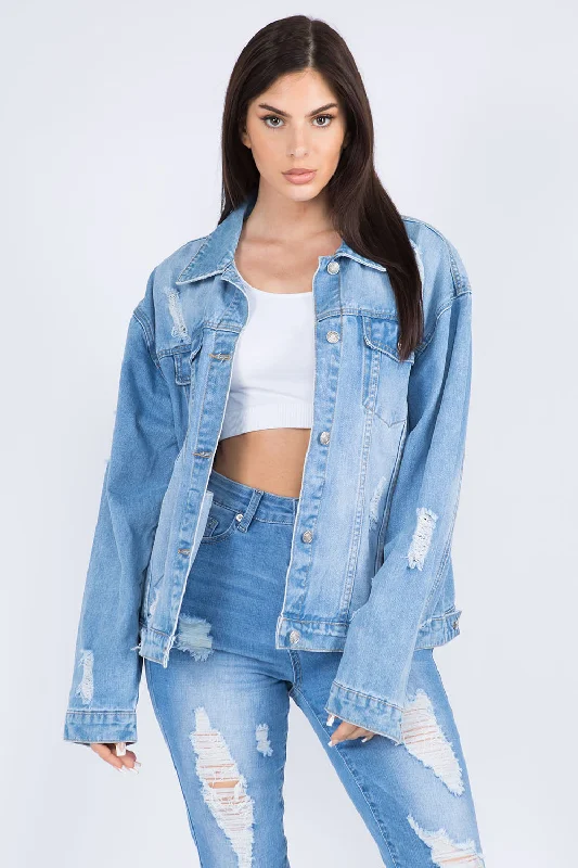 Women's Fashion Clothes Full Size Painted Back Distressed Denim Jacket