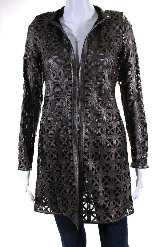 Unbeatable Discounts On The Latest Fashion Trends In Transit Womens Laser Cut Metallic Mesh Leather Jacket Brown Black