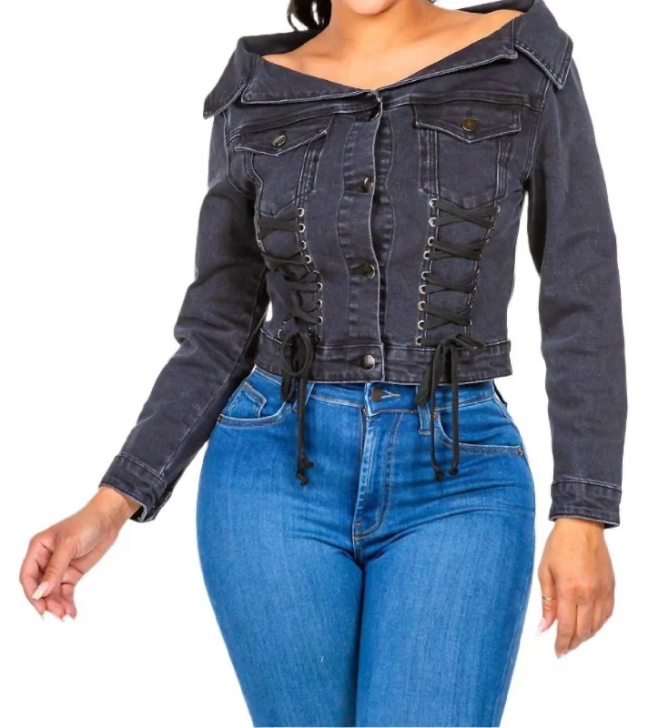 Women's Evening Garments Chic Off Shoulder Lace Up Denim Jacket In Black