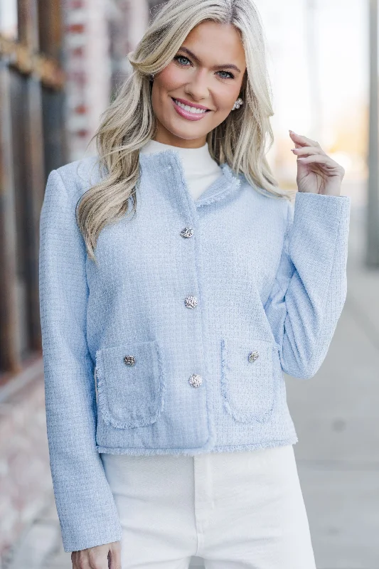 Stylish Women's Garments For Holidays Get A Little Love Light Blue Tweed Jacket