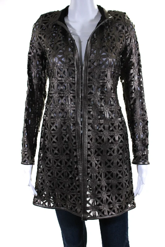 Women's Comfy Loungewear Outfit In Transit Womens Laser Cut Metallic Mesh Leather Jacket Brown Black