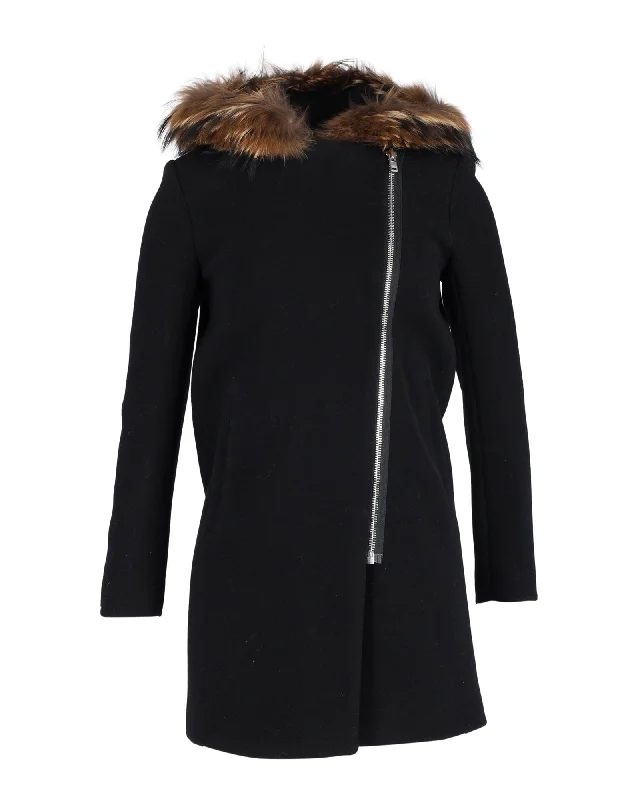 Women's Seasonal Clothing Sandro Henry Fox Fur-Trimmed Coat in Black Wool