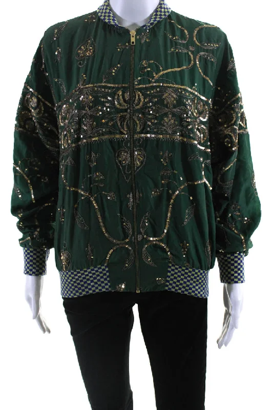 Affordable Women's Apparel Ashish Womens Salvaged Sari Metallic Embroidered Bomber Jacket Green