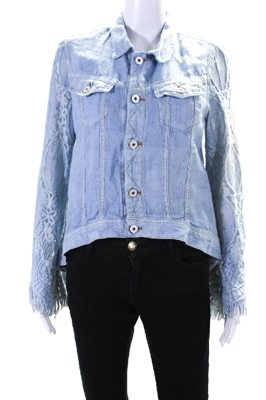 Shop Stylish Fashion At Unbeatable Prices Now Sunday Tropez Womens Elvis Mesh Embroidered Sleeve Linen Jacket Light Blue Small