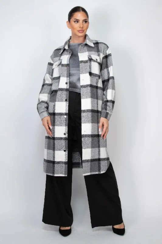 Women's Professional Clothes Plaid Buttoned Shacket Coat