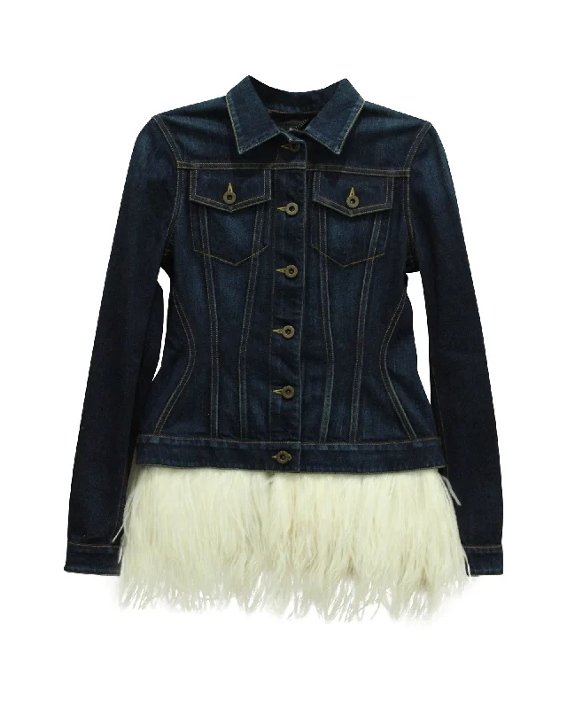 Women's Versatile Apparel Burberry Feather Trimmed Denim Jacket in Blue Cotton