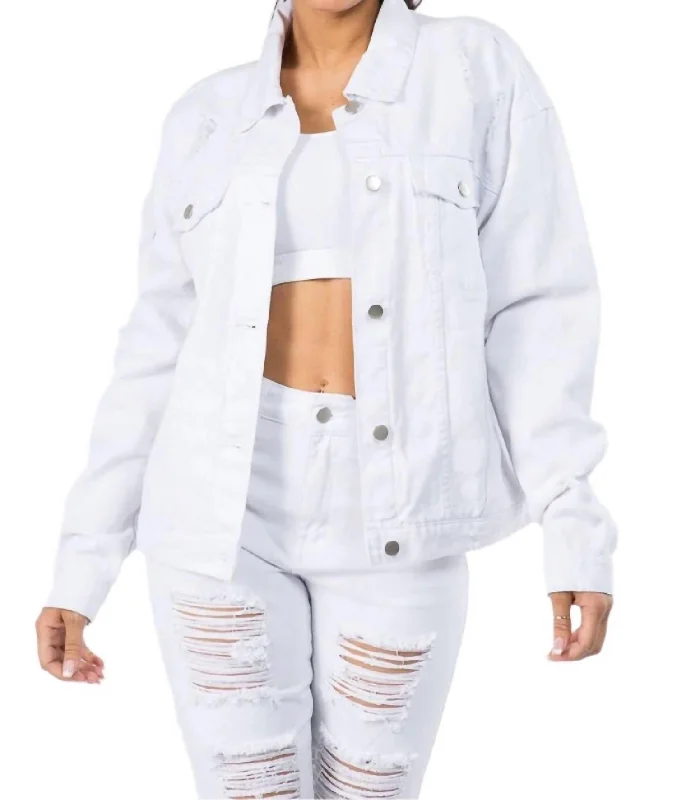 Stylish Women's Clothing Graphic Distressed Denim Jacket In White