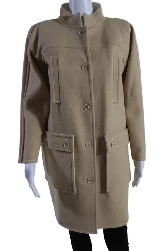 Women's Athletic Garments Courreges Womens Beige Wool Pockets High Neck Long Sleeve Coat