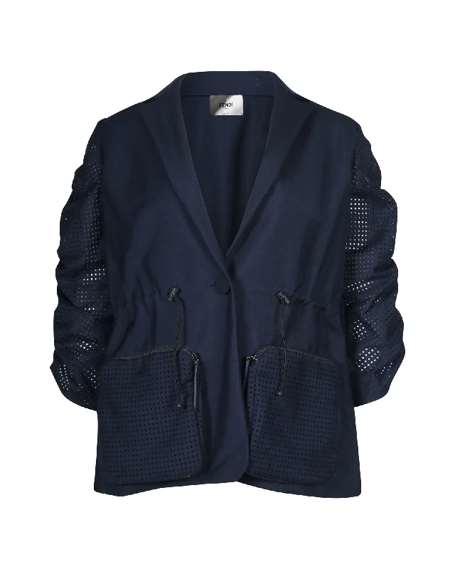 Women's Clothing Apparel Fendi Puff Sleeve Drawstring Jacket in Navy Blue Cotton