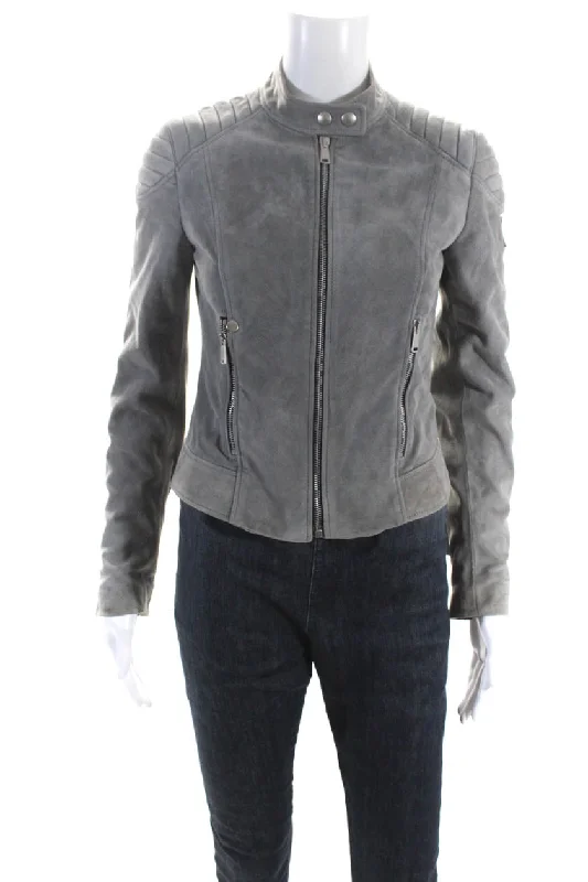 Final Call – Shop Elegant And Casual Fashion For Less Belstaff Womens Leather Zipped Button Long Sleeve Mock Neck Jacket Gray